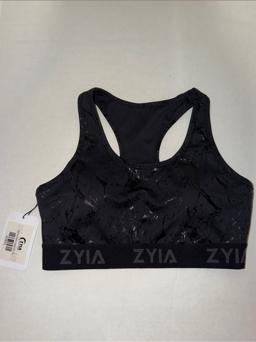 ZYIA Banded Black Marble Racerback Sports Bra with Logo Band